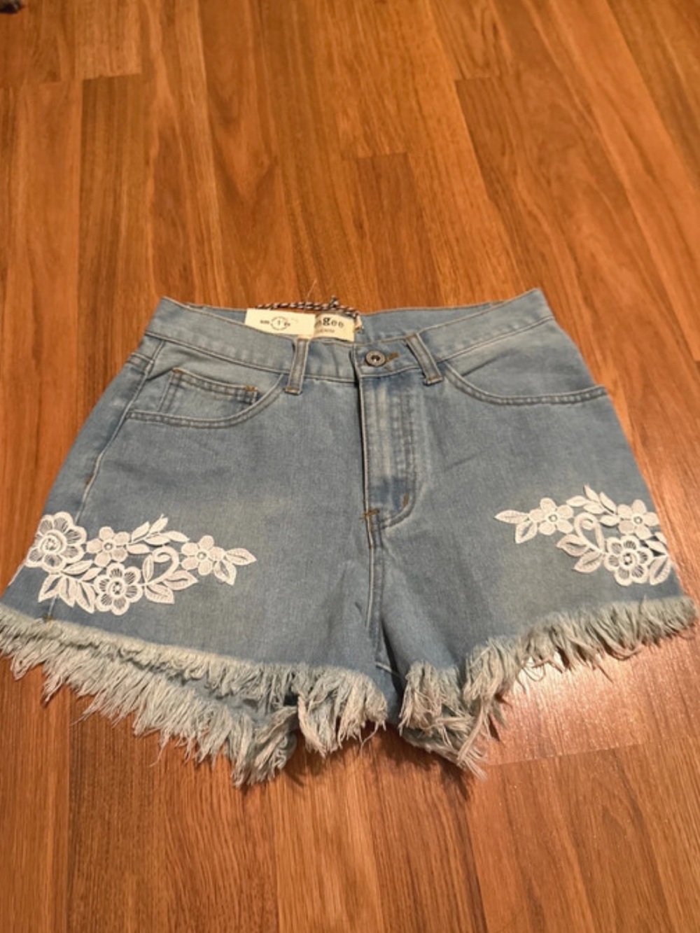 Umgee Light Blue Denim Shorts with White Floral Lace Appliqué